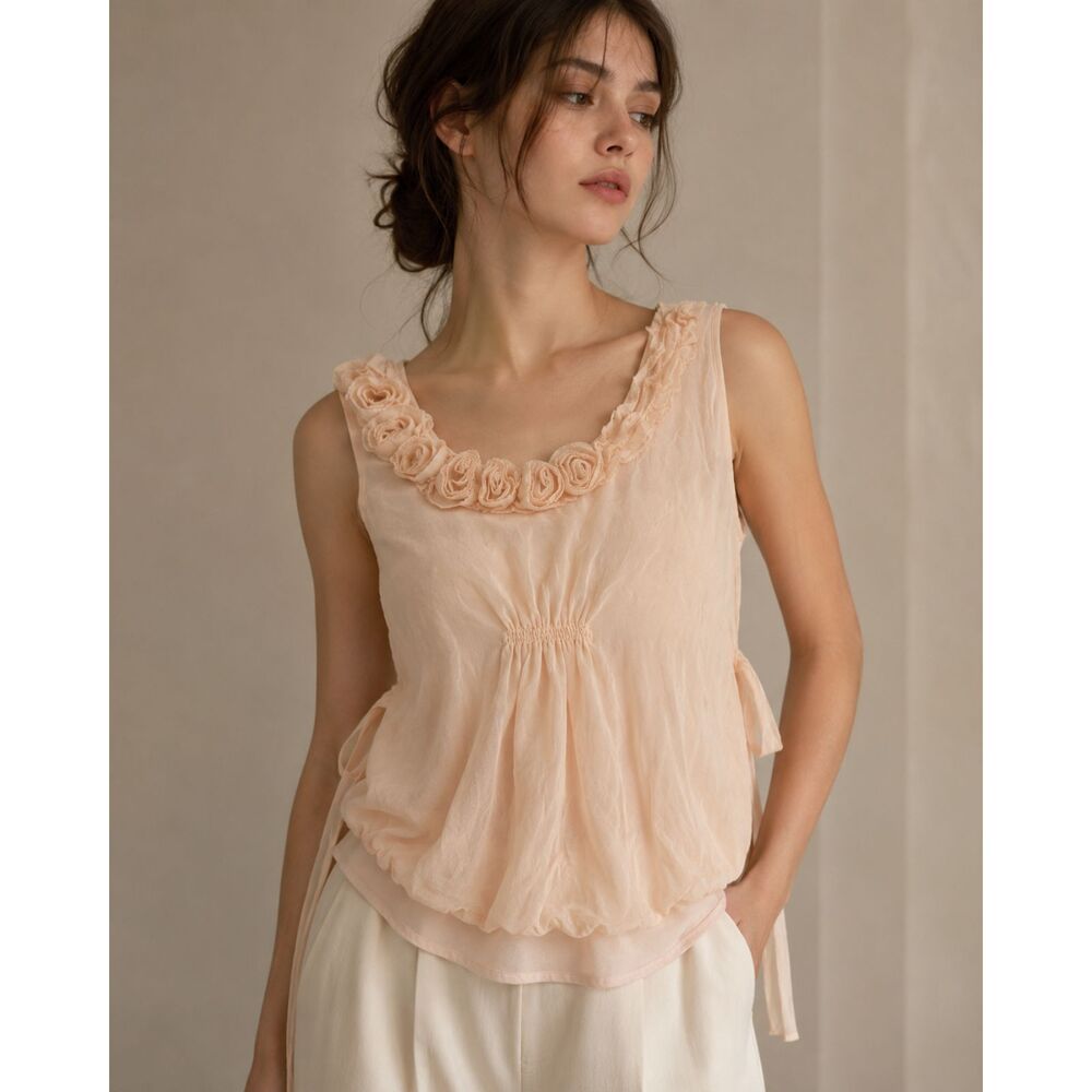 INC International Concepts 100% Silk Floral Rosette Size 10 Sleeveless Top Blush